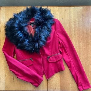 Bebe red Jacket With black faux fur, S
